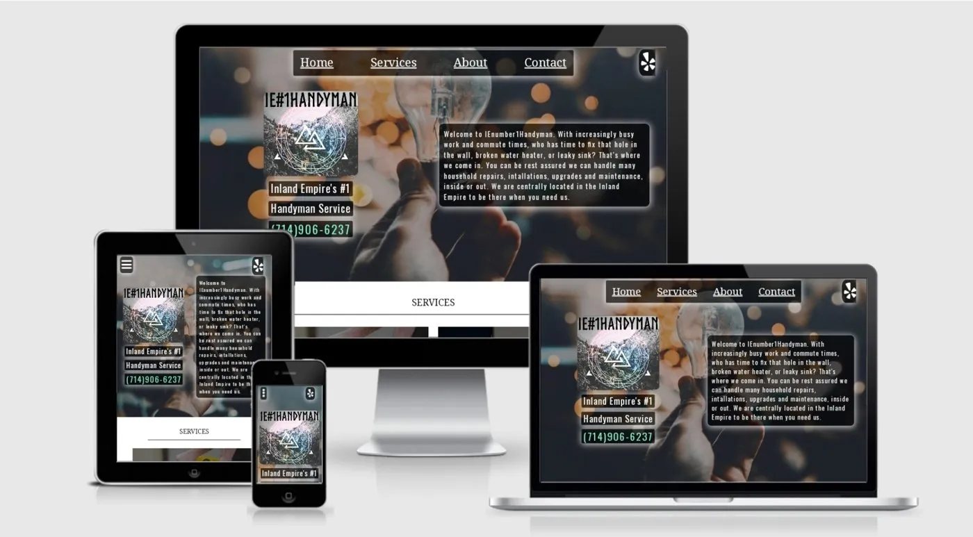 The original IE#1 Handyman website shown on a desktop, laptop, tablet and phone